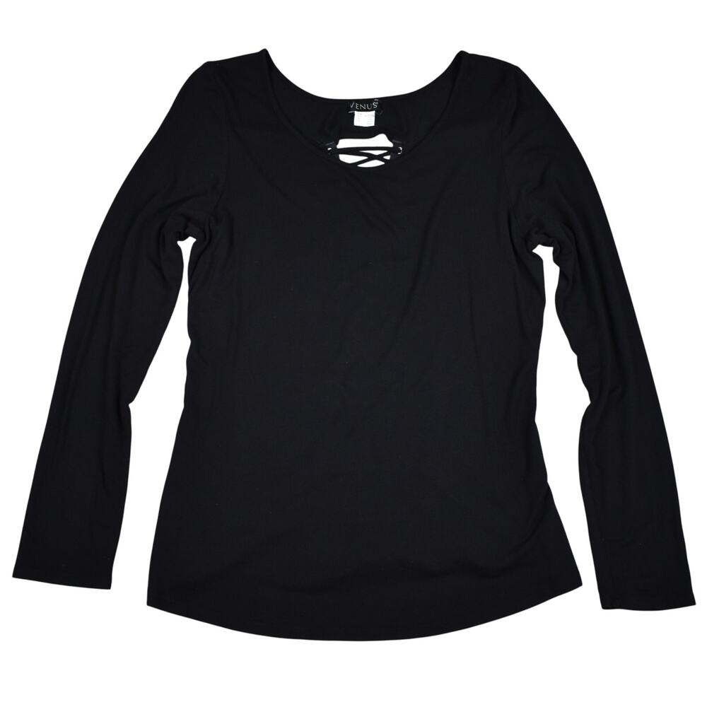 Venus Lace Up Back Top Women's Large Black Long Sleeve Knit Shirt Biker Gothic